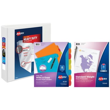 Avery Heavy-Duty View 3 Ring Binder with 2 Inch Rings, 8 Tab Reusable Write & Erase Plastic Binder Dividers, Clear Sheet Protectors, School Supplies Set (01685) Binder/Divider Set